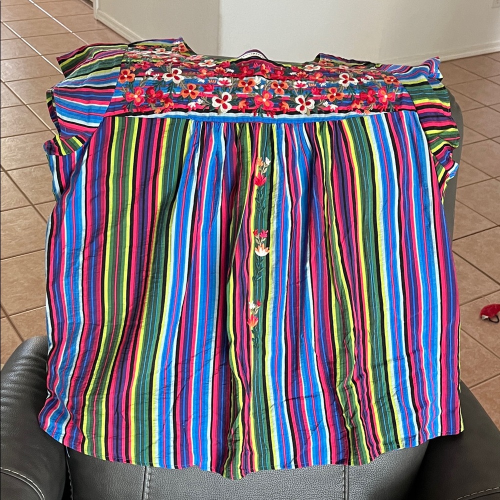Colorful Striped Blouse with Embroidery